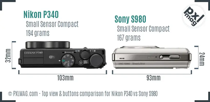 Nikon P340 vs Sony S980 top view buttons comparison