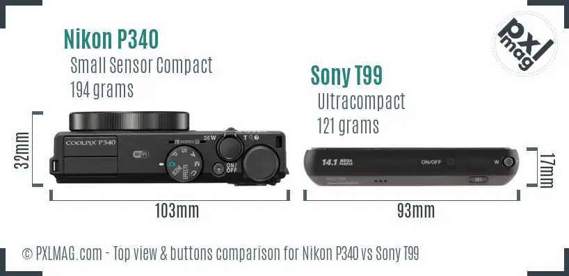 Nikon P340 vs Sony T99 top view buttons comparison Nikon P340 vs Sony T99 top view buttons comparison