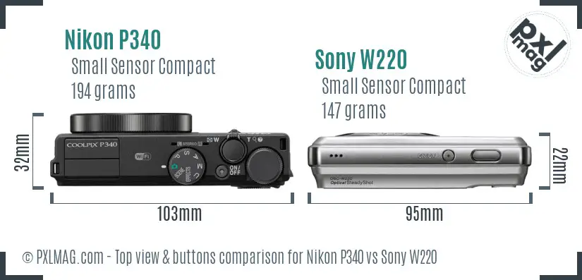 Nikon P340 vs Sony W220 top view buttons comparison