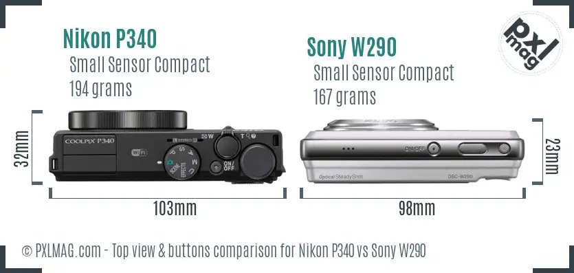 Nikon P340 vs Sony W290 top view buttons comparison Nikon P340 vs Sony W290 top view buttons comparison