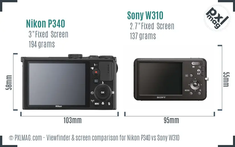 Nikon P340 vs Sony W310 Screen and Viewfinder comparison