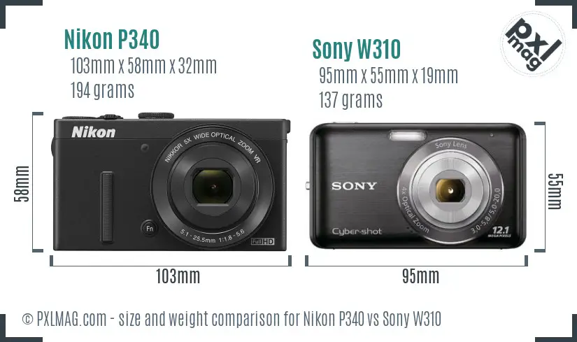 Nikon P340 vs Sony W310 size comparison