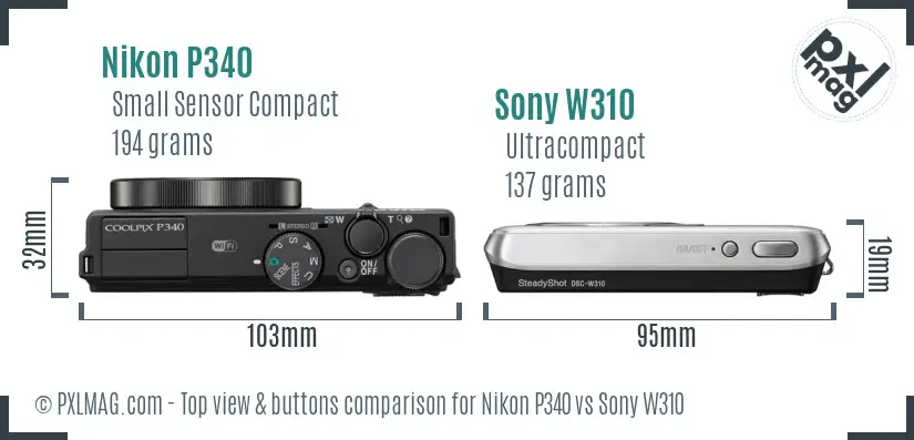 Nikon P340 vs Sony W310 top view buttons comparison