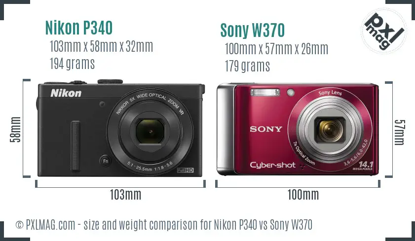 Nikon P340 vs Sony W370 size comparison
