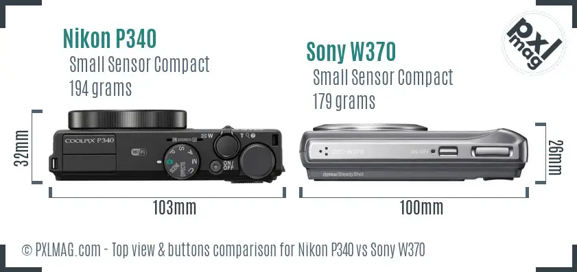 Nikon P340 vs Sony W370 top view buttons comparison