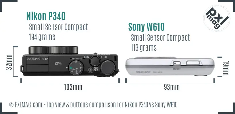 Nikon P340 vs Sony W610 top view buttons comparison Nikon P340 vs Sony W610 top view buttons comparison