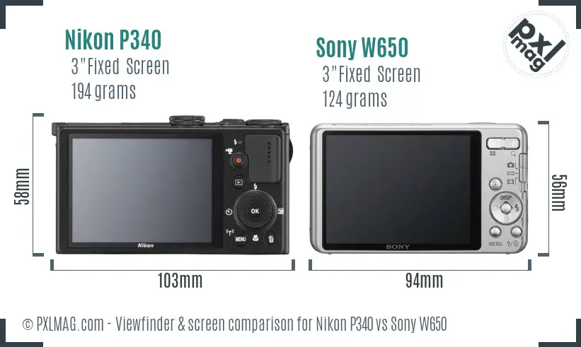 Nikon P340 vs Sony W650 Screen and Viewfinder comparison