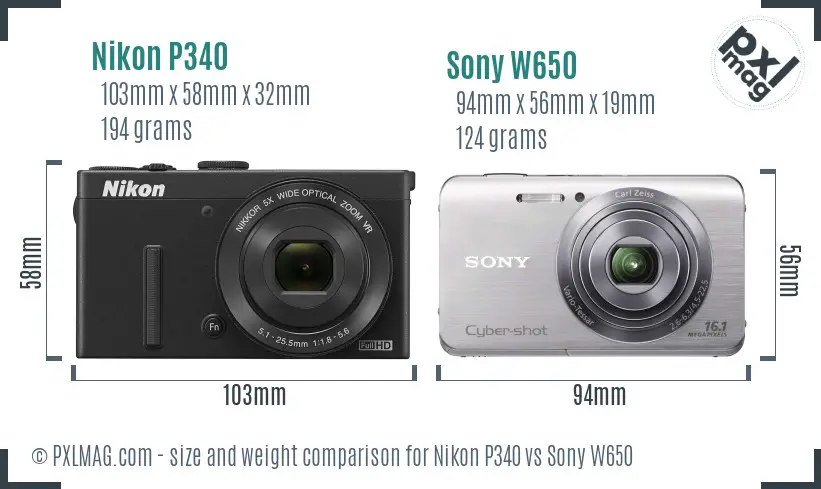 Nikon P340 vs Sony W650 size comparison