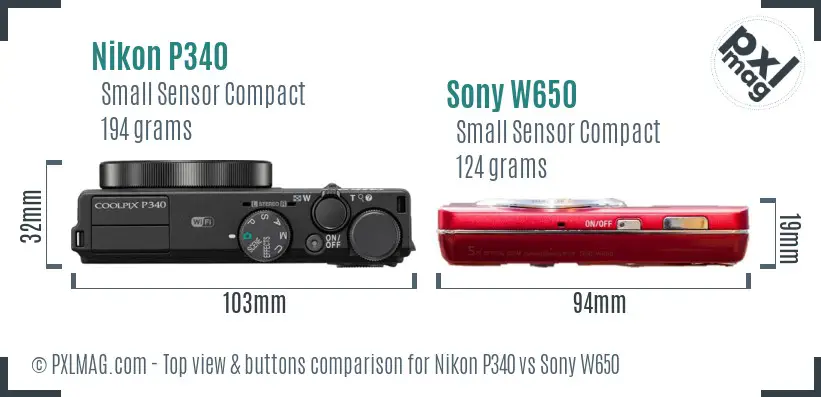 Nikon P340 vs Sony W650 top view buttons comparison