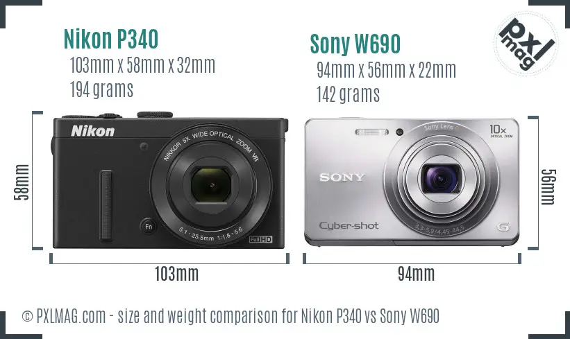 Nikon P340 vs Sony W690 size comparison