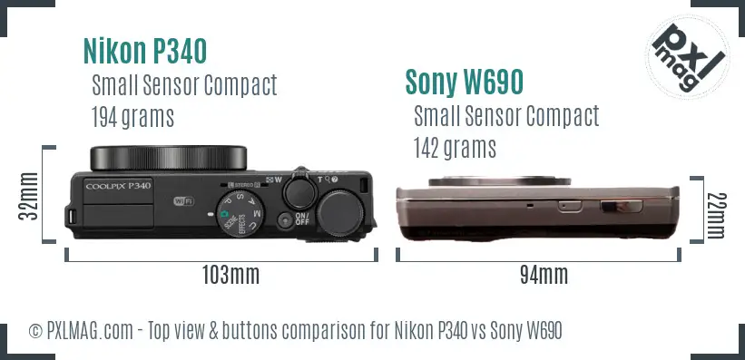 Nikon P340 vs Sony W690 top view buttons comparison