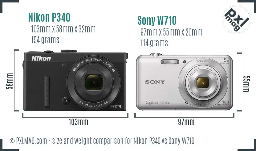 Nikon P340 vs Sony W710 size comparison