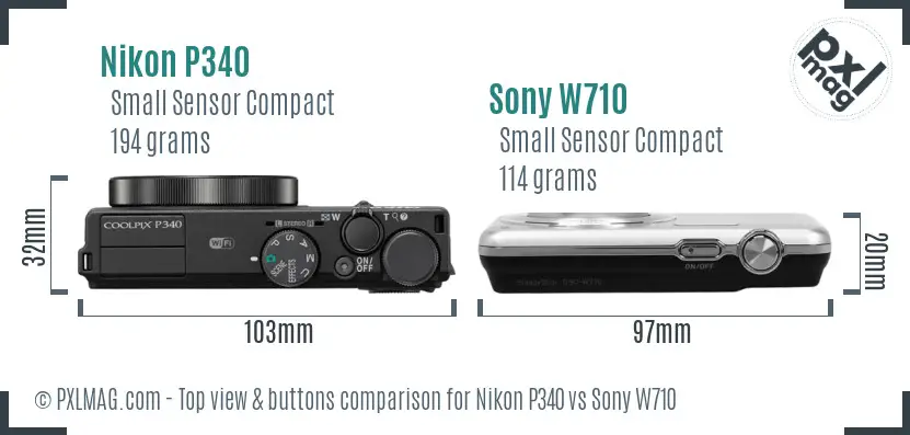 Nikon P340 vs Sony W710 top view buttons comparison