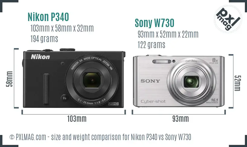 Nikon P340 vs Sony W730 size comparison