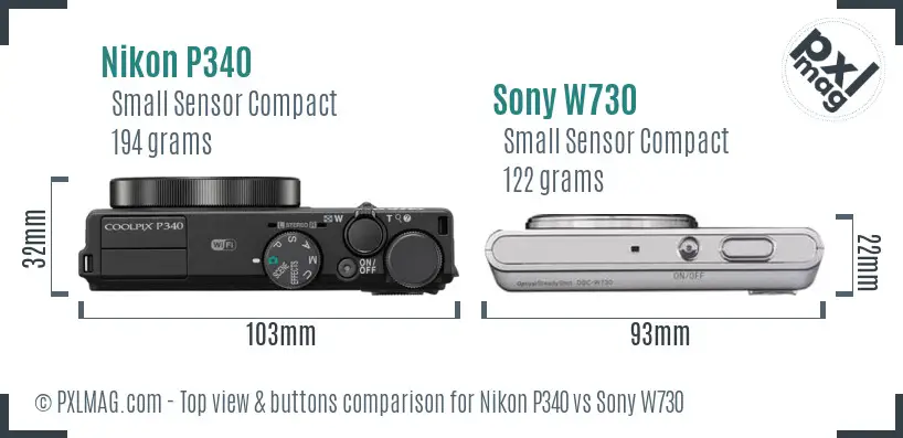 Nikon P340 vs Sony W730 top view buttons comparison