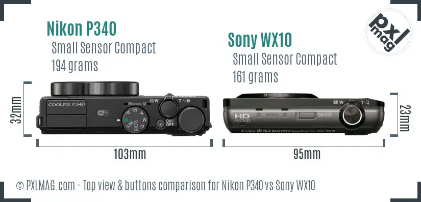 Nikon P340 vs Sony WX10 top view buttons comparison Nikon P340 vs Sony WX10 top view buttons comparison