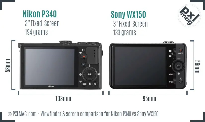 Nikon P340 vs Sony WX150 Screen and Viewfinder comparison