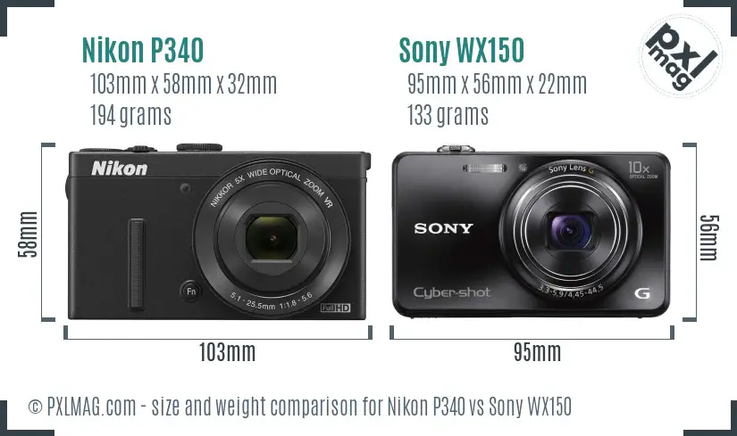 Nikon P340 vs Sony WX150 size comparison