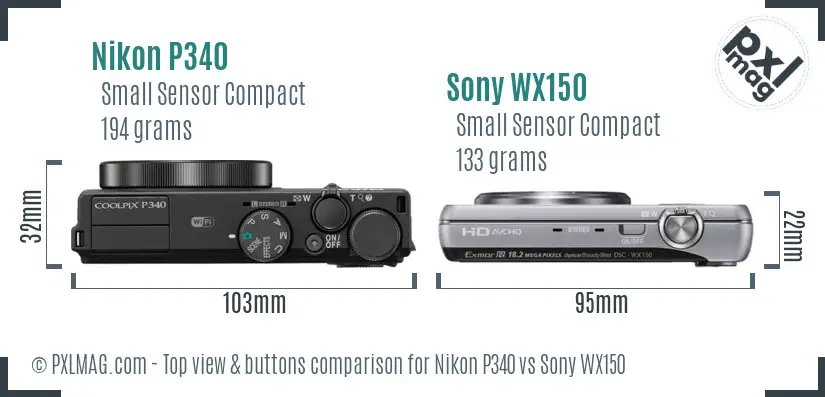 Nikon P340 vs Sony WX150 top view buttons comparison