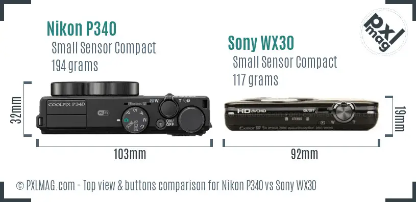 Nikon P340 vs Sony WX30 top view buttons comparison