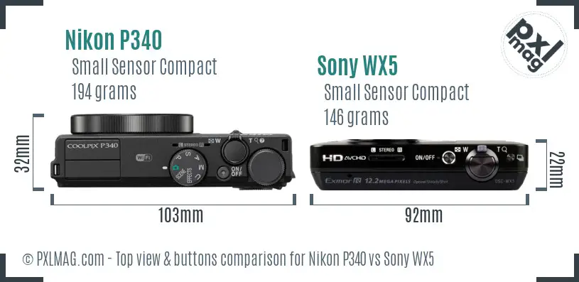 Nikon P340 vs Sony WX5 top view buttons comparison Nikon P340 vs Sony WX5 top view buttons comparison