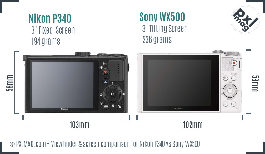 Nikon P340 vs Sony WX500 Screen and Viewfinder comparison