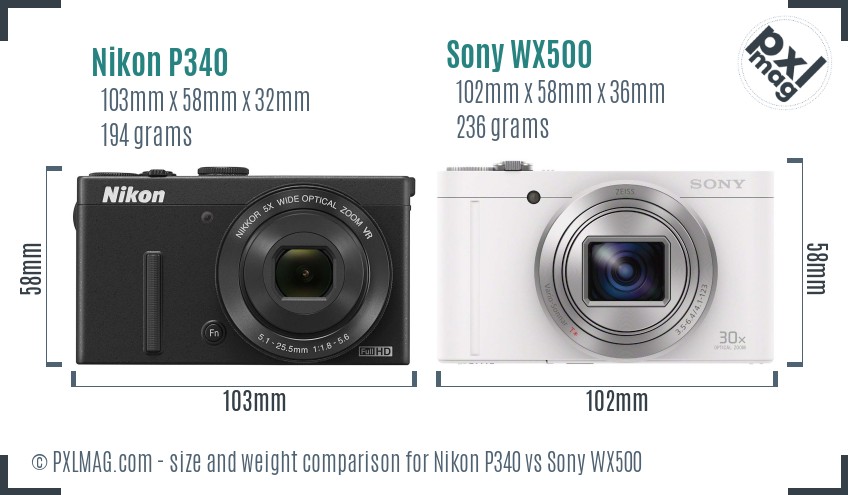 Nikon P340 vs Sony WX500 size comparison