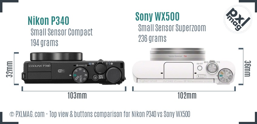Nikon P340 vs Sony WX500 top view buttons comparison