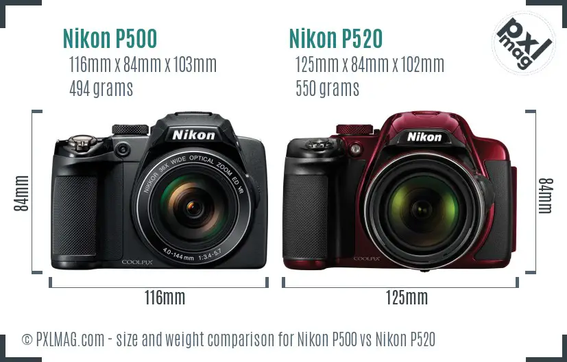 Nikon P500 vs Nikon P520 size comparison