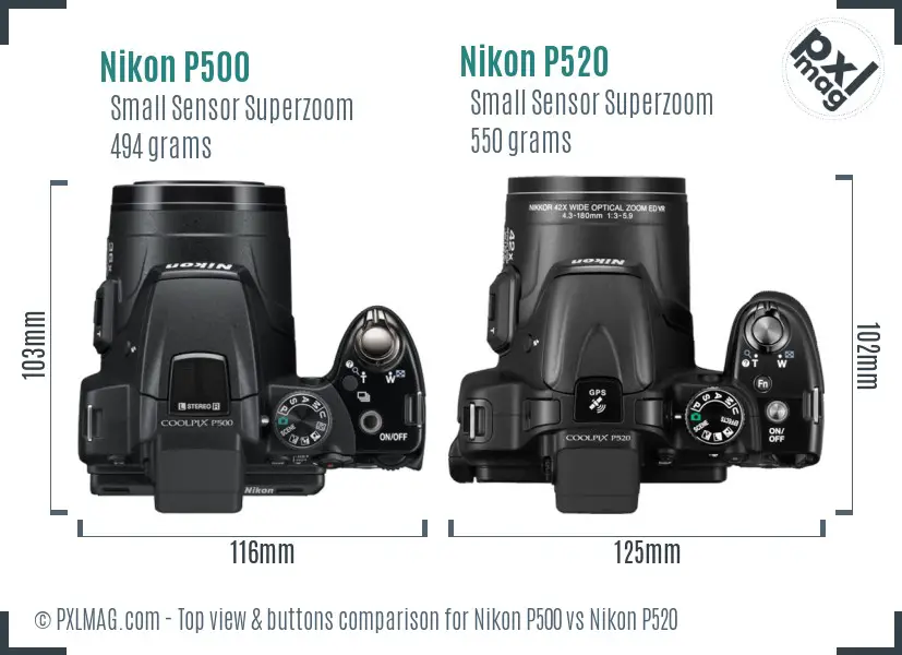 Nikon P500 vs Nikon P520 top view buttons comparison