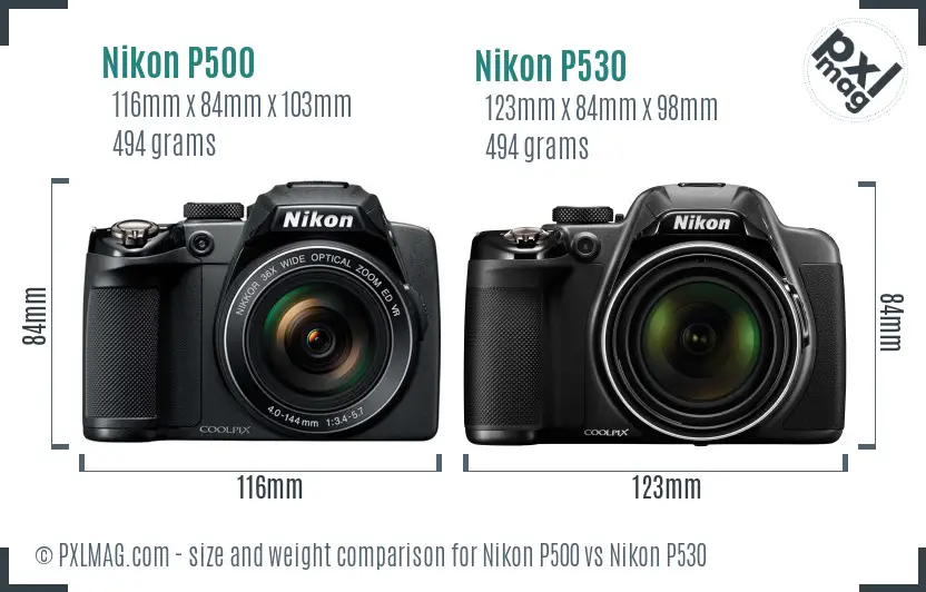 Nikon P500 vs Nikon P530 size comparison