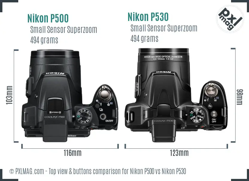 Nikon P500 vs Nikon P530 top view buttons comparison