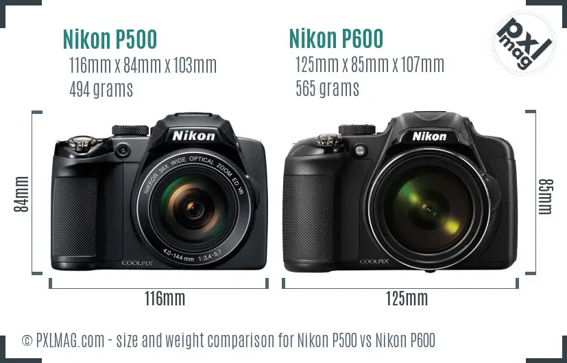Nikon P500 vs Nikon P600 size comparison