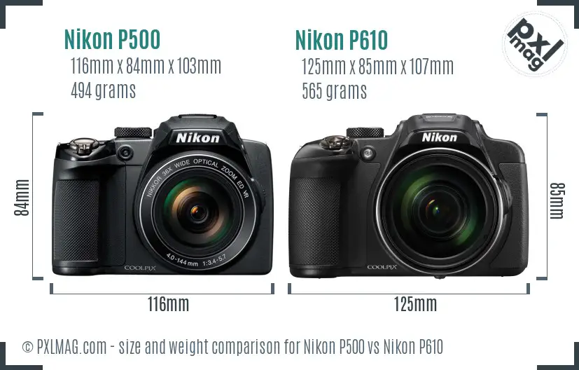 Nikon P500 vs Nikon P610 size comparison