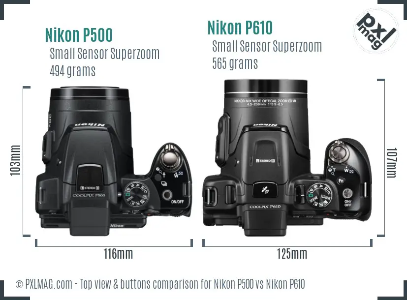 Nikon P500 vs Nikon P610 top view buttons comparison