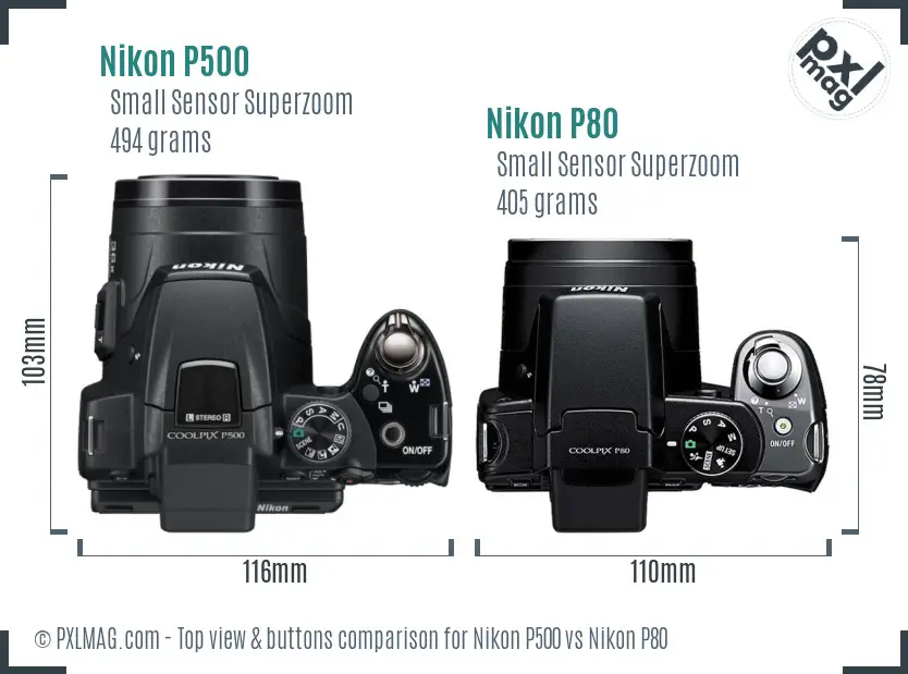 Nikon P500 vs Nikon P80 top view buttons comparison