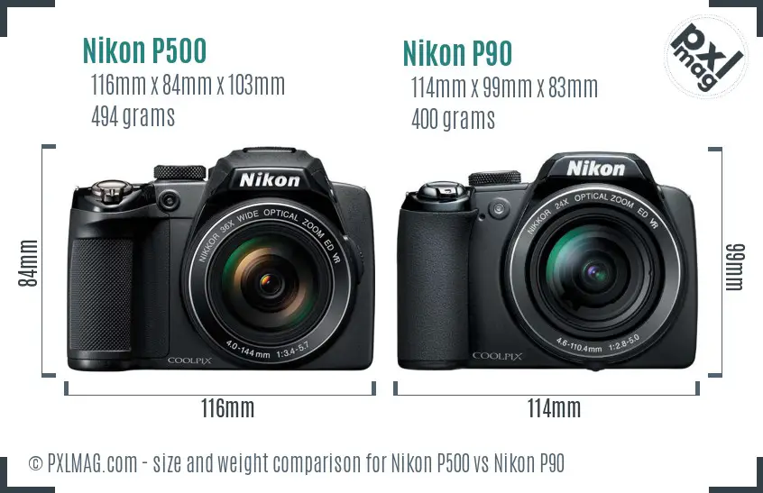 Nikon P500 vs Nikon P90 size comparison