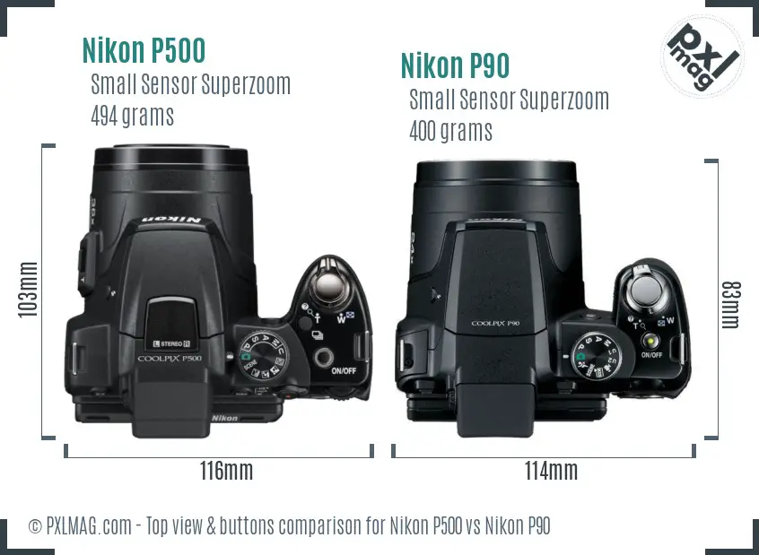 Nikon P500 vs Nikon P90 top view buttons comparison