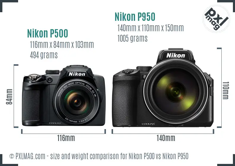 Nikon P500 vs Nikon P950 size comparison