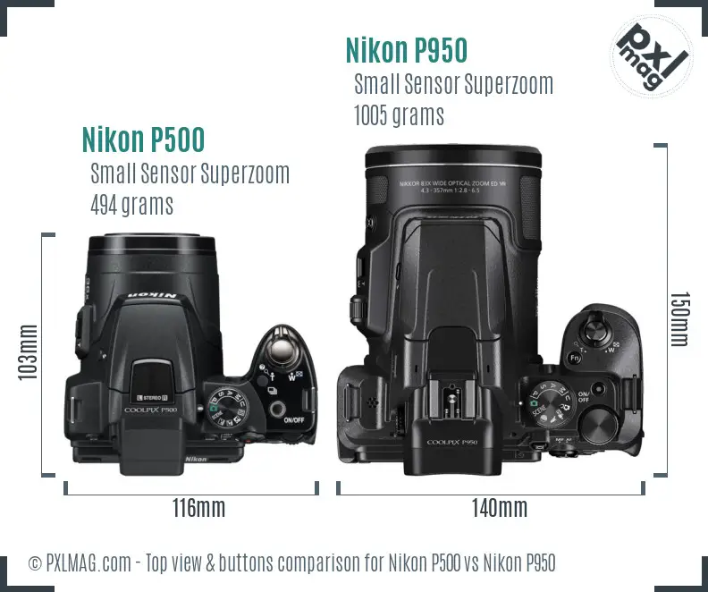 Nikon P500 vs Nikon P950 top view buttons comparison