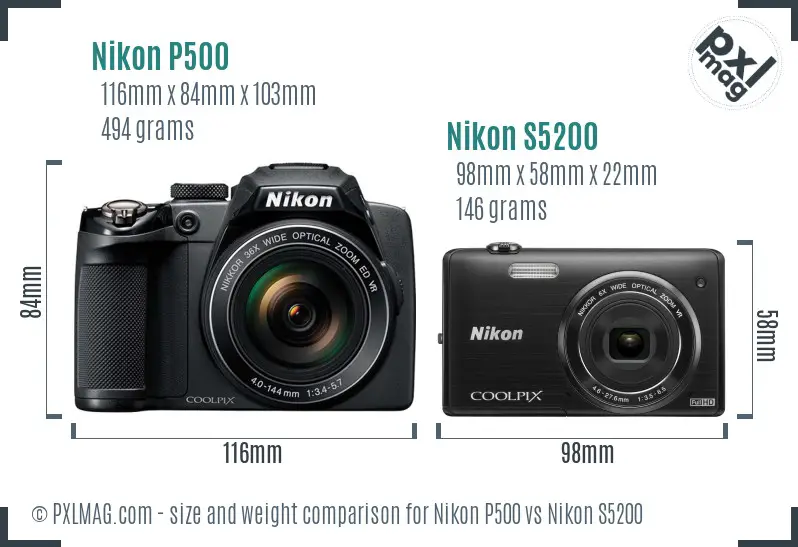 Nikon P500 vs Nikon S5200 size comparison