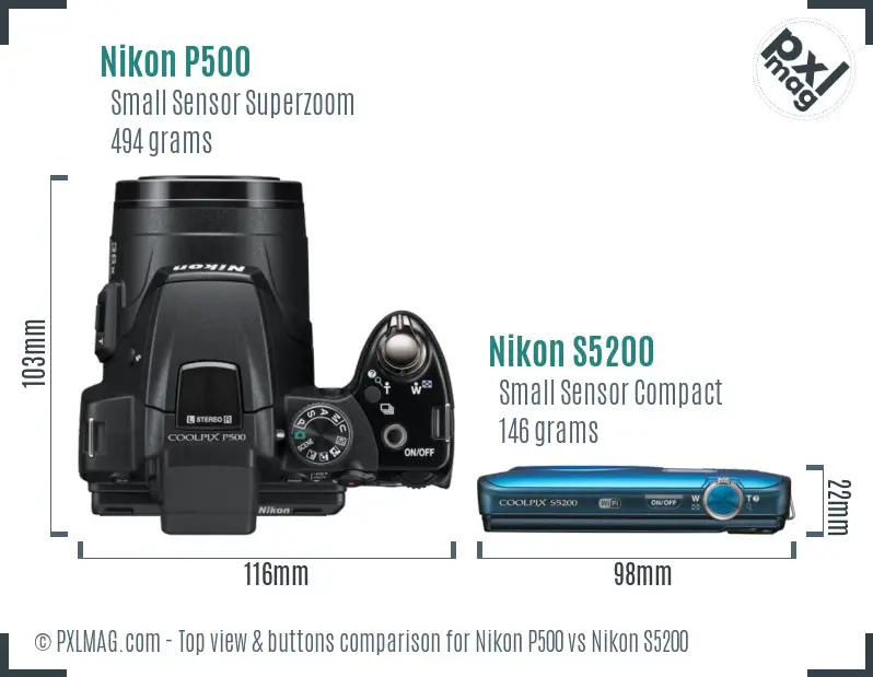 Nikon P500 vs Nikon S5200 top view buttons comparison