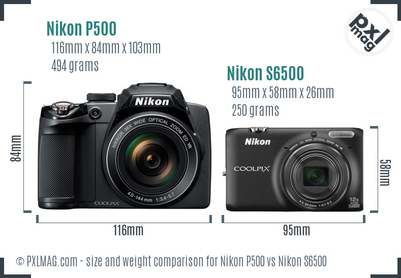 Nikon P500 vs Nikon S6500 size comparison