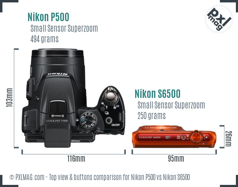 Nikon P500 vs Nikon S6500 top view buttons comparison
