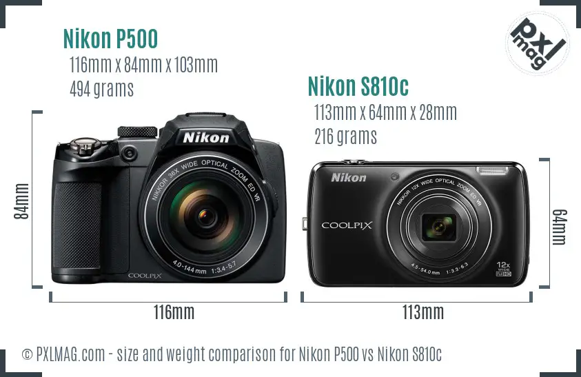 Nikon P500 vs Nikon S810c size comparison