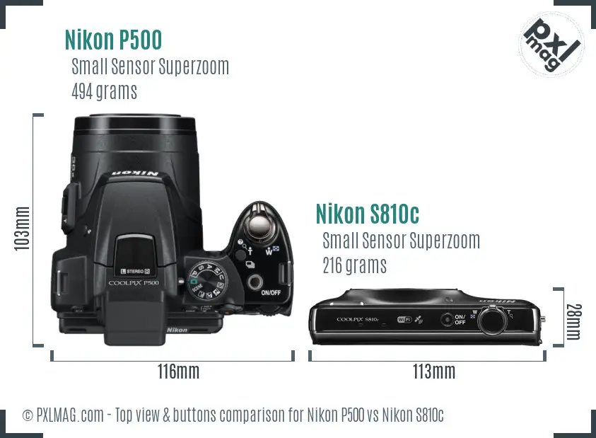 Nikon P500 vs Nikon S810c top view buttons comparison