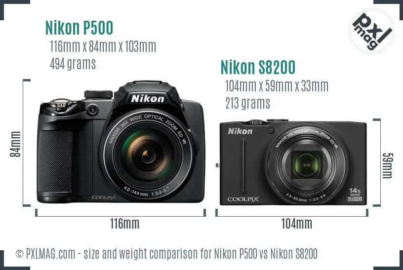 Nikon P500 vs Nikon S8200 size comparison