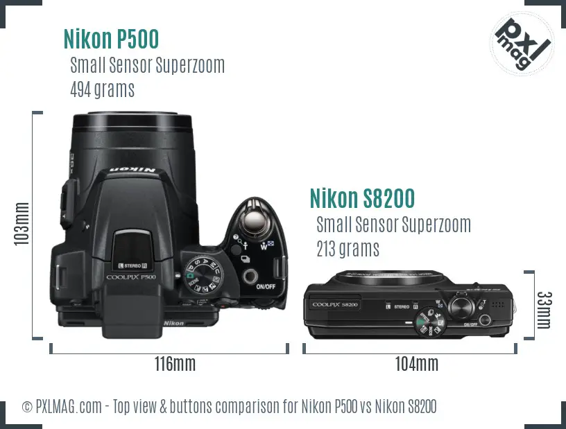 Nikon P500 vs Nikon S8200 top view buttons comparison