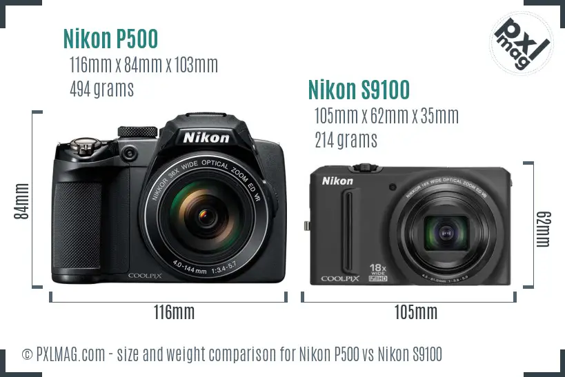 Nikon P500 vs Nikon S9100 size comparison