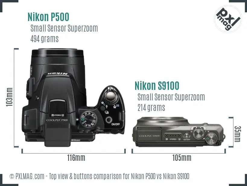 Nikon P500 vs Nikon S9100 top view buttons comparison